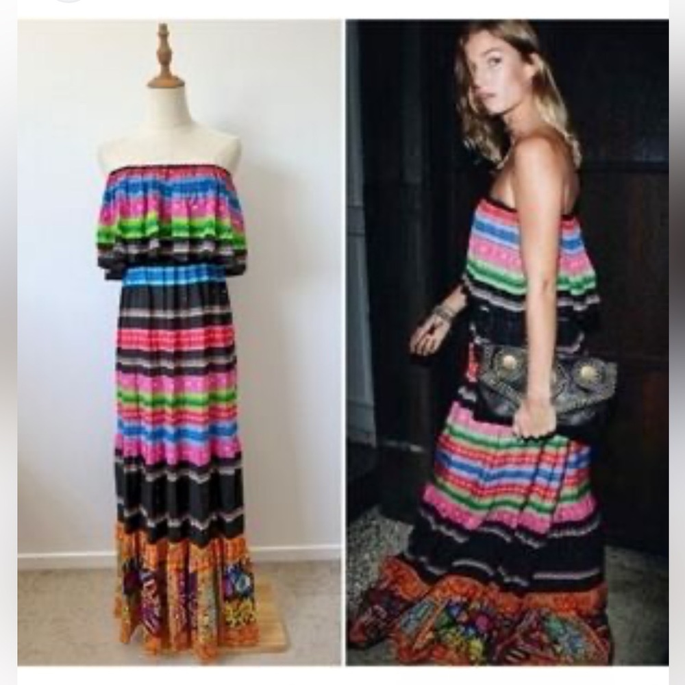 RubyYaya Womens Small Boho Off Shoulder Maxi Dress Striped Patchwork Multi Color